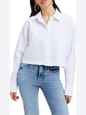 Good American Classic White Button-Down Cropped Shirt With subtle distressing
